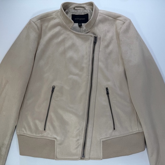 Banana Republic Ribbed Trim Vegan Suede Moto Jacket Size Medium Petite - Picture 6 of 15